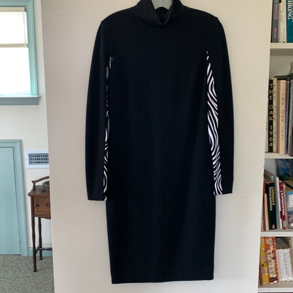 Turtle neck long sleeved dress with black and white designs on the the sleeves.